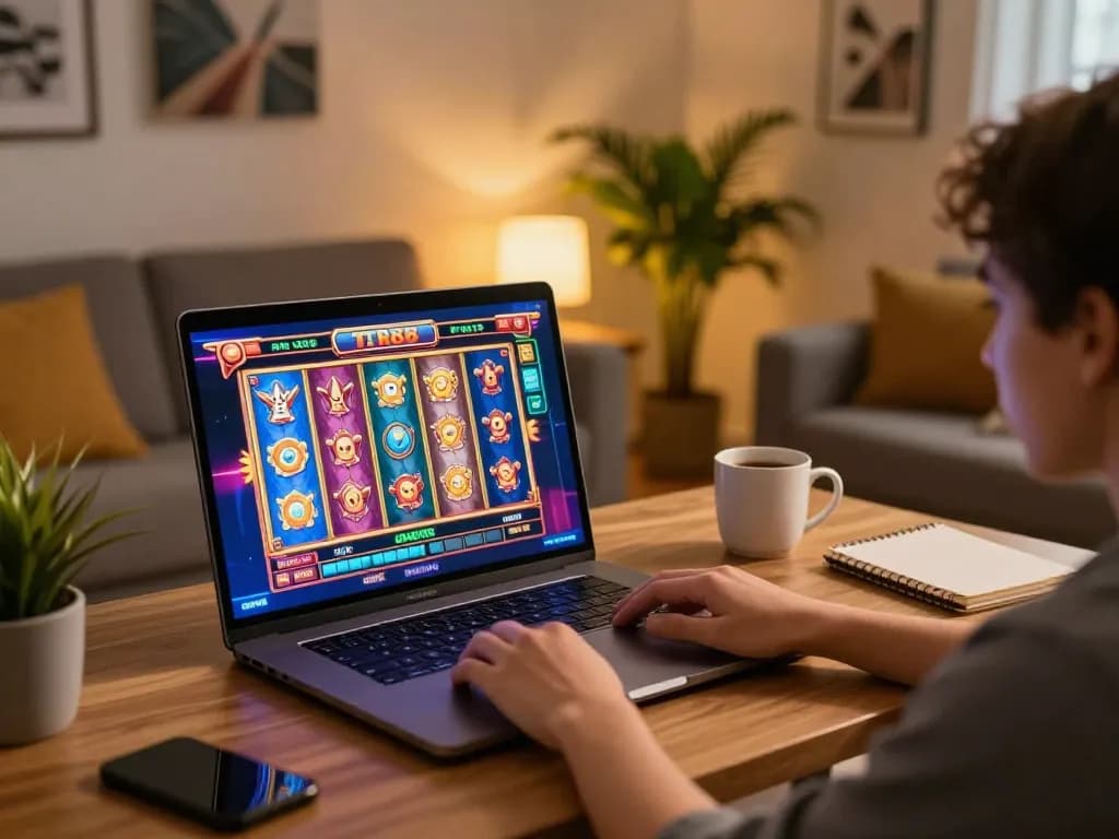 Player engaging with TR88 online casino slots on laptop in cozy living room