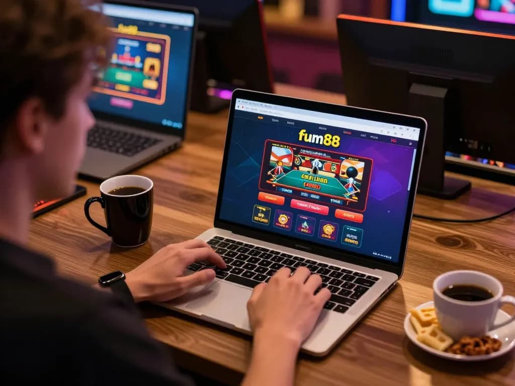 Engaged player using fun88 online platform displaying casino gameplay on laptop.