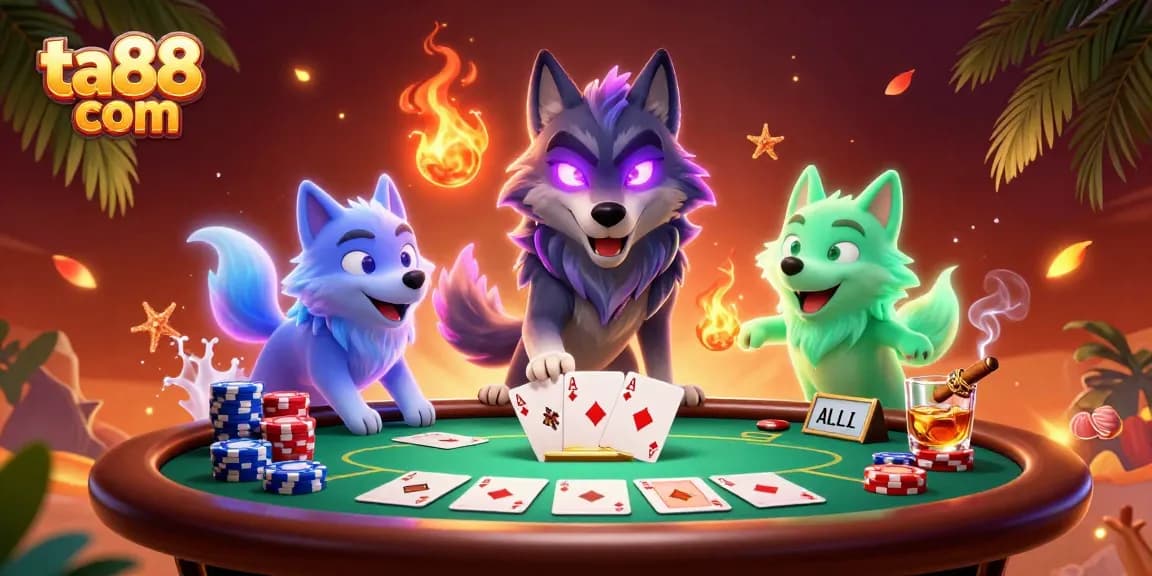 Experience thrilling poker action at ta88 com with a mystical wolf pack in a vibrant casino scene.