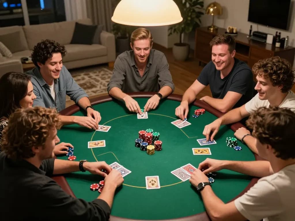 Players enjoying a lively poker game at home, capturing the excitement of gambling at https://mb66.golf/ with chips, drinks, and cards in action.