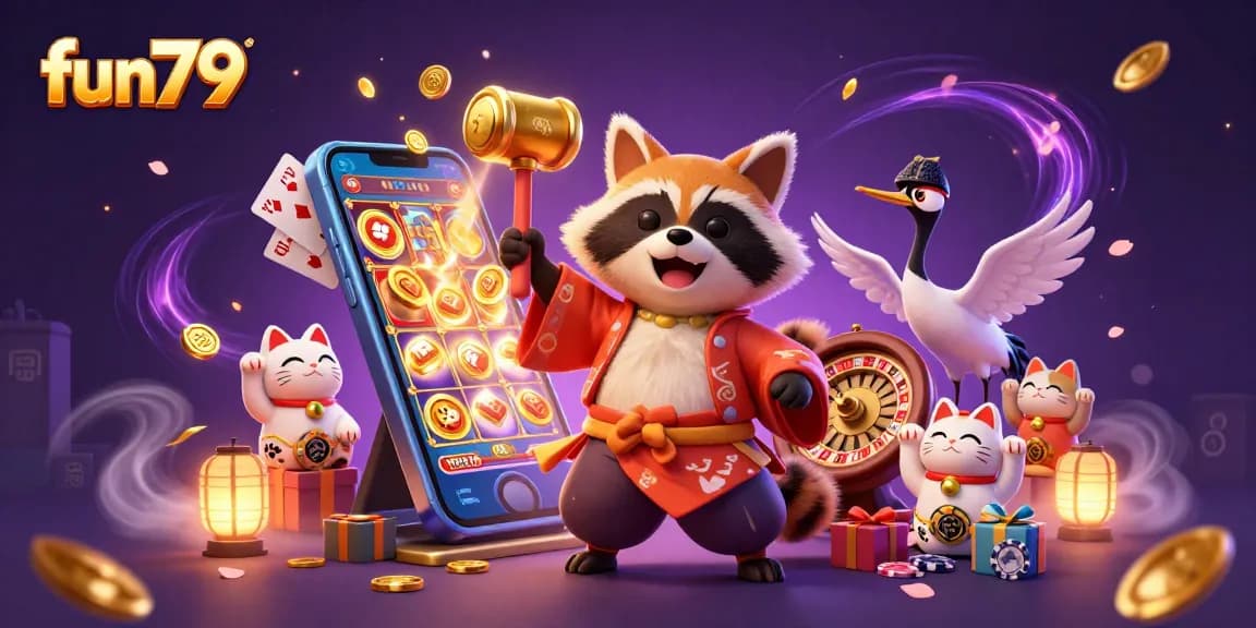 Win big with fun79 at this vibrant online casino scene featuring lucky characters and exciting games.