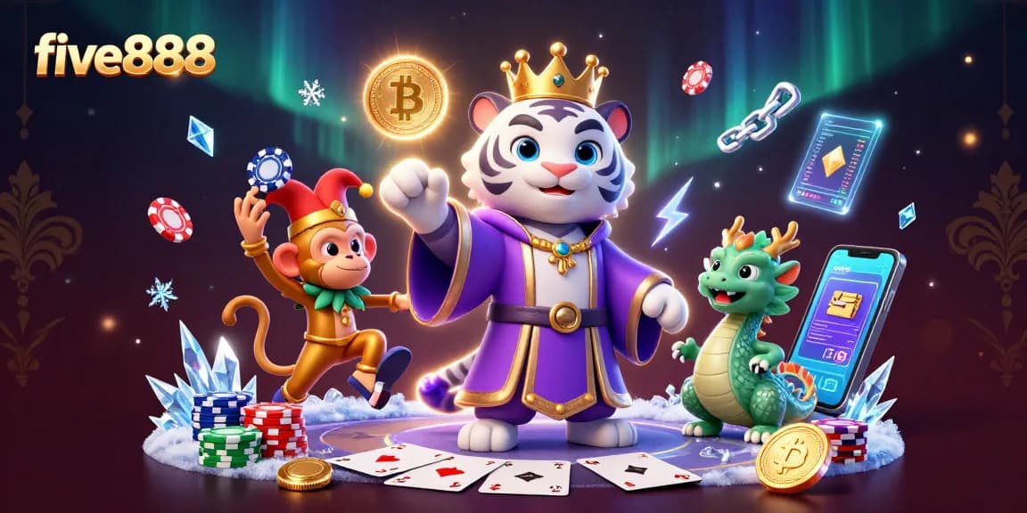 Engage in five888 with dynamic poker action featuring elite characters and vibrant crypto elements.