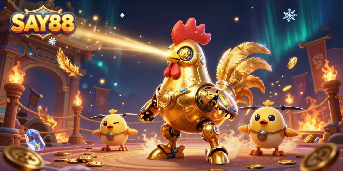 SAY88 showcases dynamic action with a futuristic rooster robot leading baby chick drones in a vibrant online casino scene.