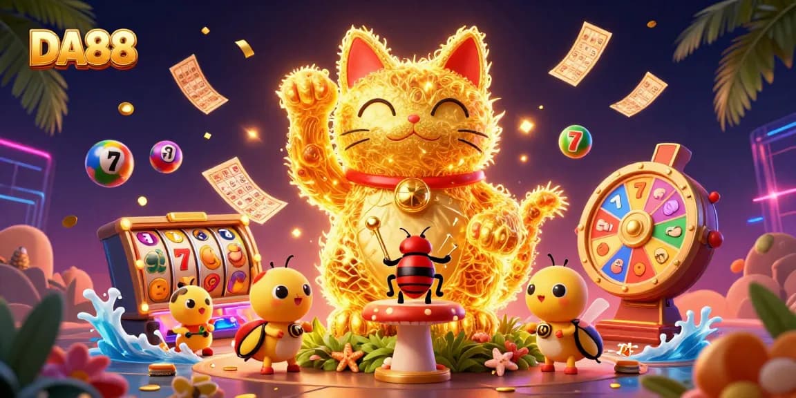 Join the excitement of DA88 gaming with vibrant visuals of casino symbols and lucky characters.