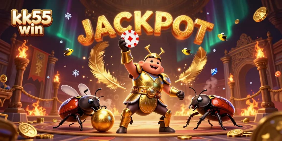 Engage your luck with kk55 win in a dynamic casino scene featuring a hero beetle celebrating a jackpot.