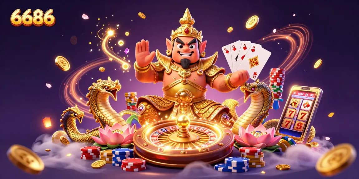 Win big with 6686 in this vibrant 3D casino scene, featuring thrilling games and enchanting characters.