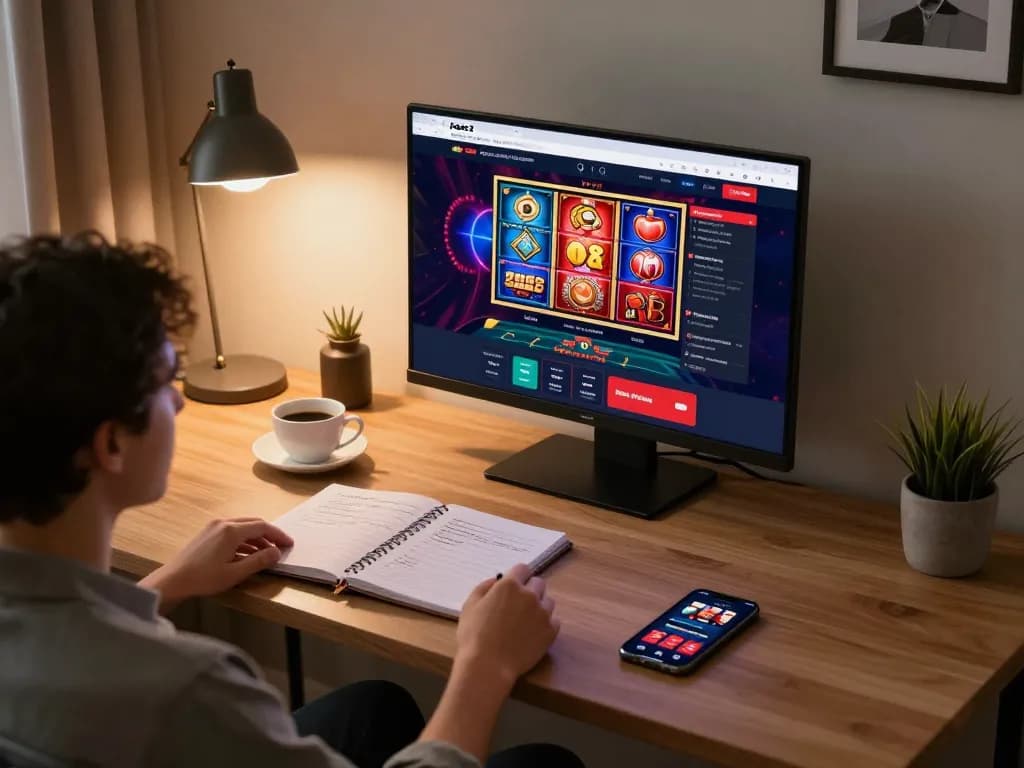 Engaged user playing topbet3 games on a laptop, showcasing a cozy responsible gambling environment