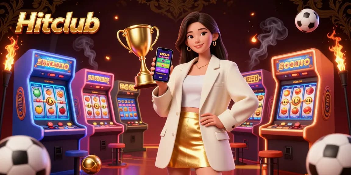 Hitclub shows a beautiful woman enjoying a sports betting app in a vibrant casino setting.