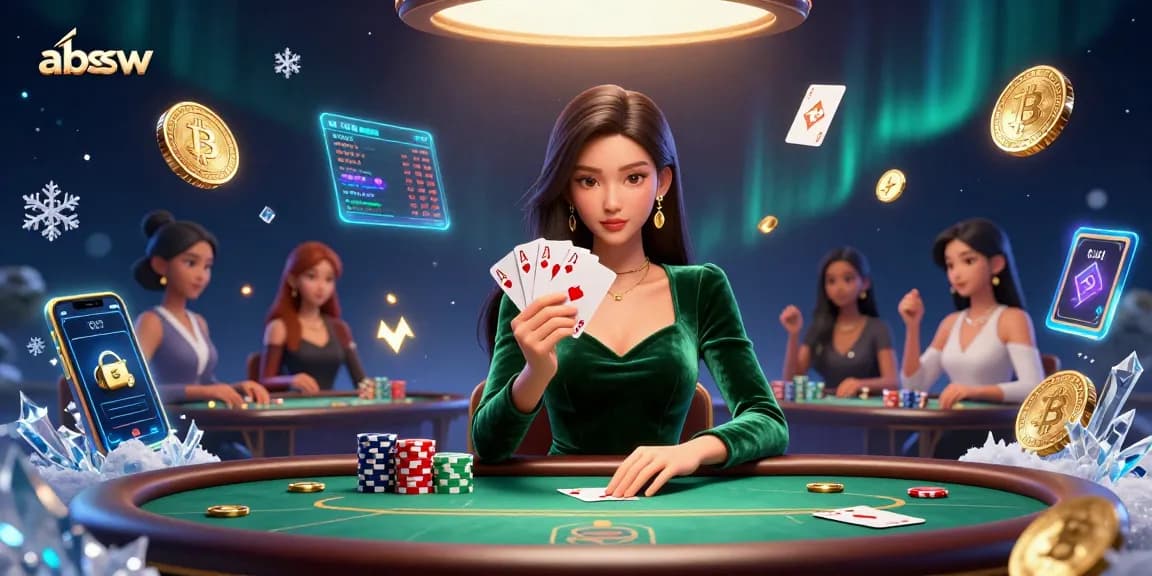 Play cards at the luxurious abssw poker table surrounded by vibrant crypto elements.