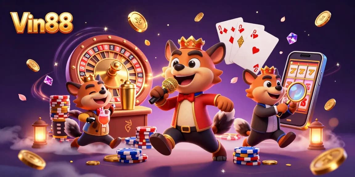 Experience the vibrant action at Vin88's comedy casino with hyena characters, golden coins, and gaming excitement.