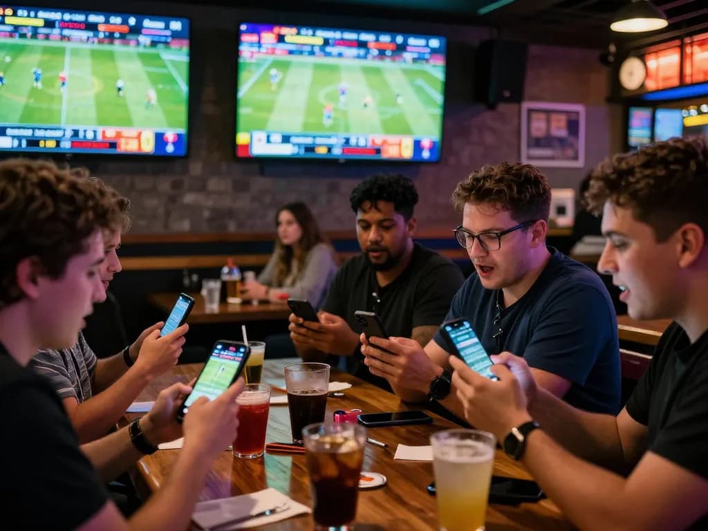 Engaged sports bettors checking odds and updates at 23win.com during a thrilling live game