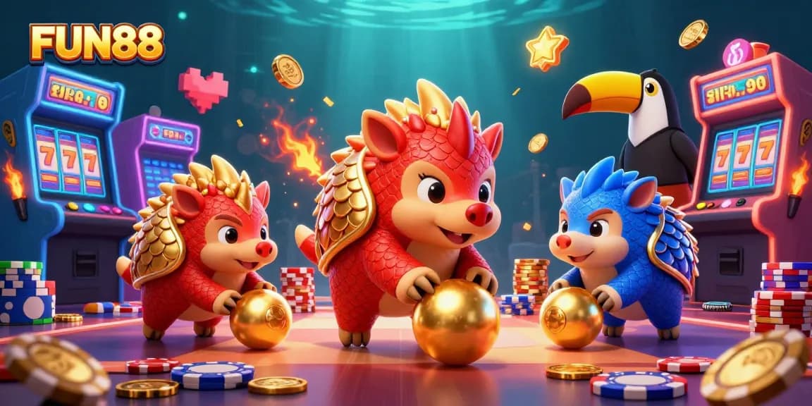 Experience the fun and excitement of FUN88 with rival pangolins rolling through poker chips and winning big!