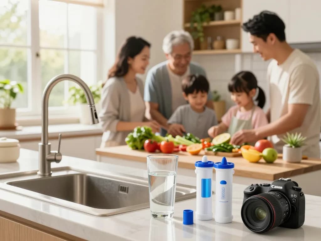 Vattenfilter installerat i ett modernt kök som tillhandahåller rent vatten för familjemåltider.