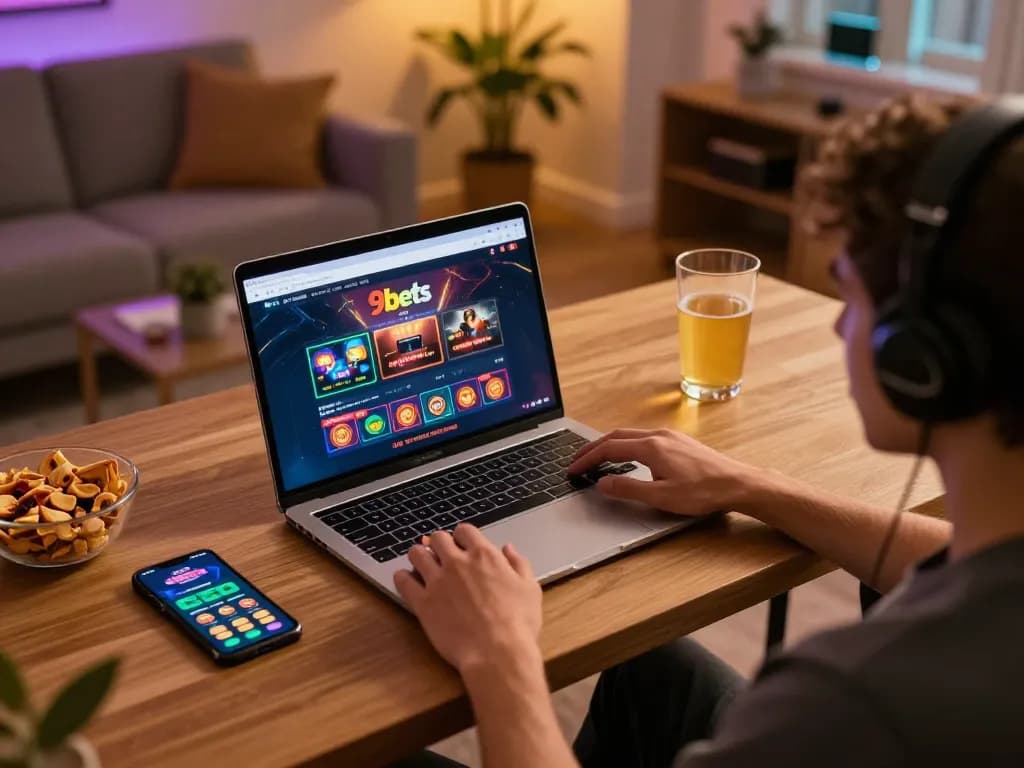 Person engaged with 9bets online gaming platform on laptop, showcasing responsible gambling practices.