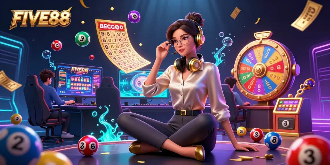 Engage with FIVE88's online gaming experience featuring vibrant lottery elements and a tech-savvy gamer.