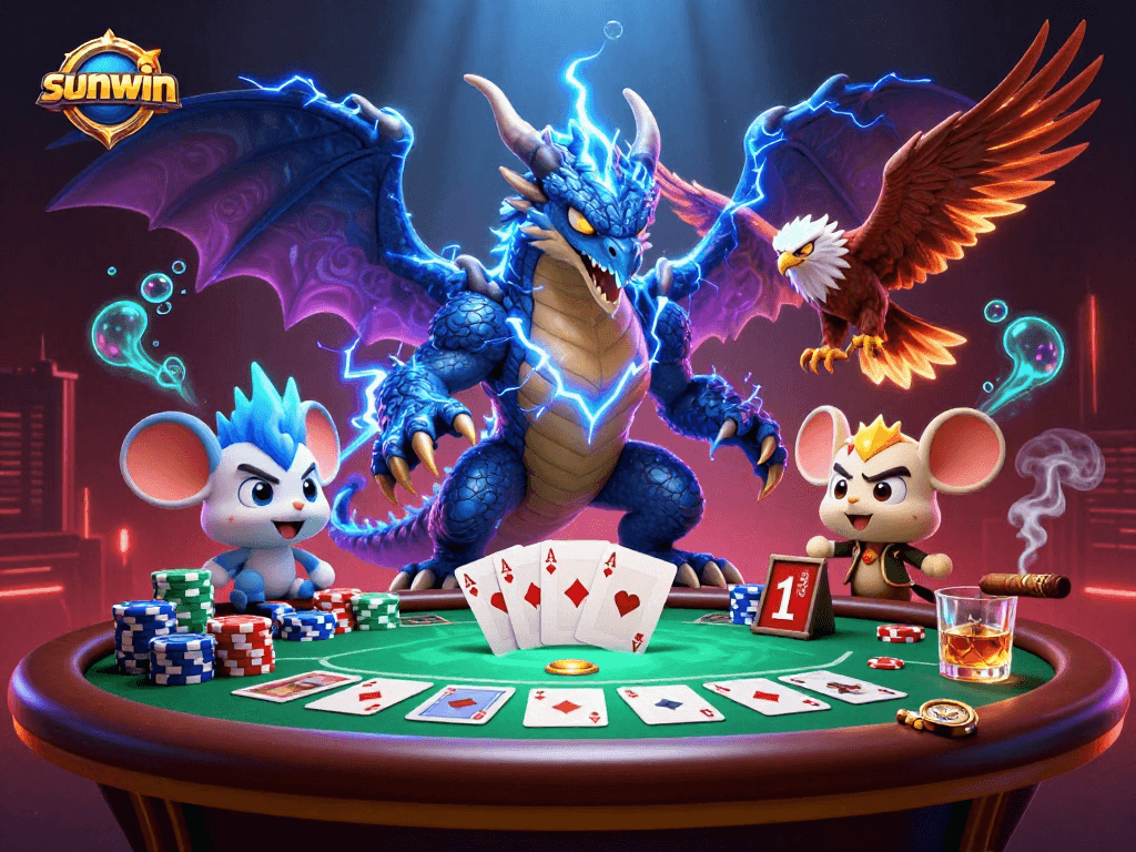 Experience thrilling action with sunwin-themed poker dragons, lightning, and massive chips.