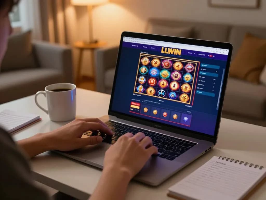 Player engaging with LLWIN online casino platform on a stylish laptop, highlighting interactive gaming experience and strategy