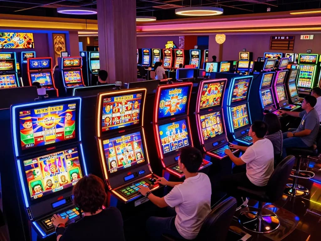 Active HITCLUB slot gaming scene with players engaging at colorful machines