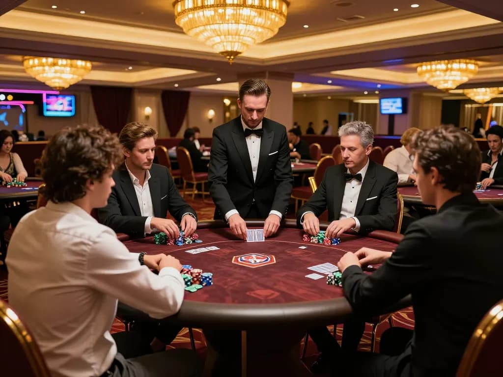 FC88 poker game scene with players strategizing their bets in an upscale casino environment.