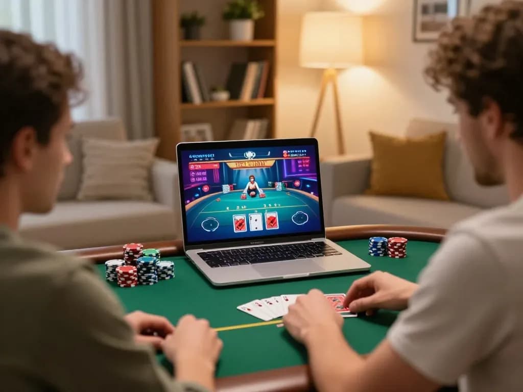 Player enjoying kuwin live dealer poker game from home with strategic focus on laptop