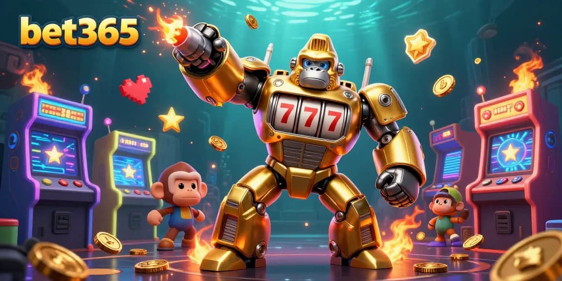 Experience thrilling action with bet365’s golden gorilla mech in a vibrant gaming environment.
