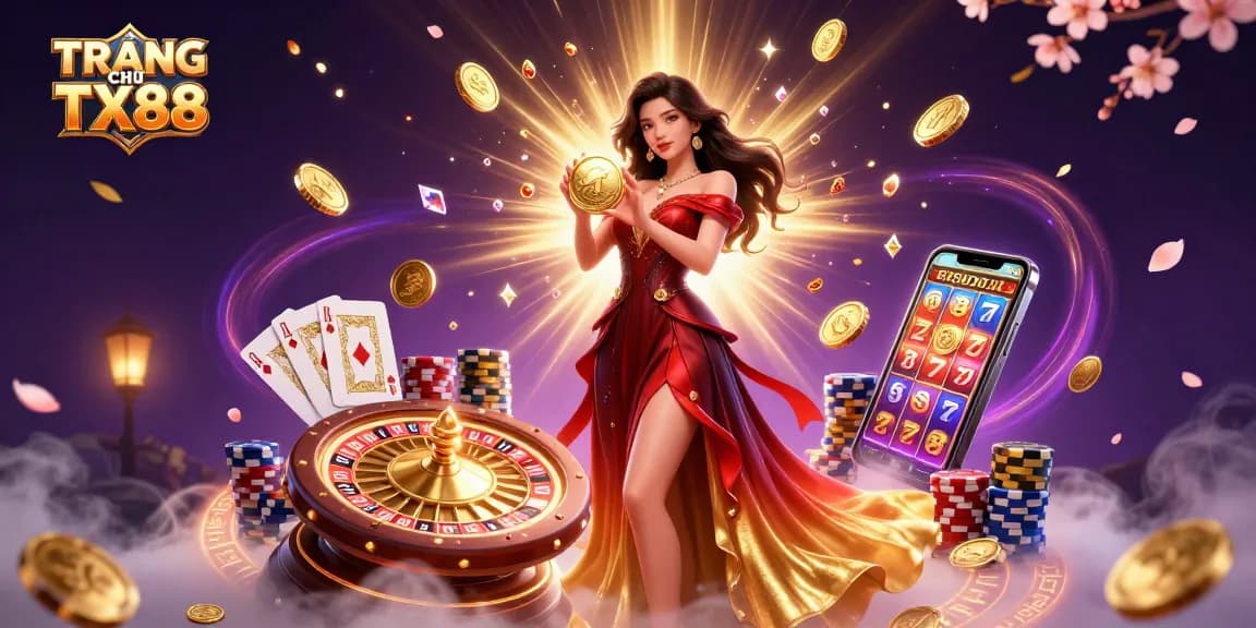 Experience the thrill at TRANG CHỦ TX88 with a stunning illustration of a woman holding a golden coin amidst cascading game elements.