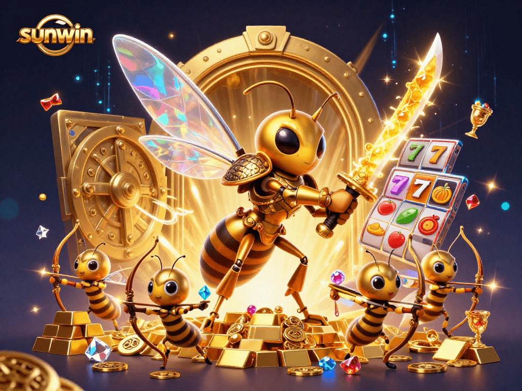 Engage with sunwin's thrilling slot action featuring a golden hornet samurai in a bustling casino environment.