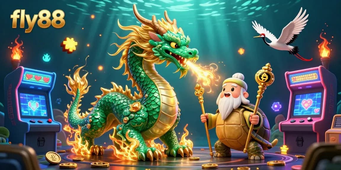 Experience thrilling gaming adventures at fly88 with a vibrant casino scene featuring a dragon and lucky cranes.