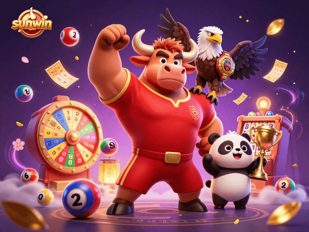 Win big with sunwin featuring a dynamic casino-themed scene of joyful characters and vibrant lottery elements.