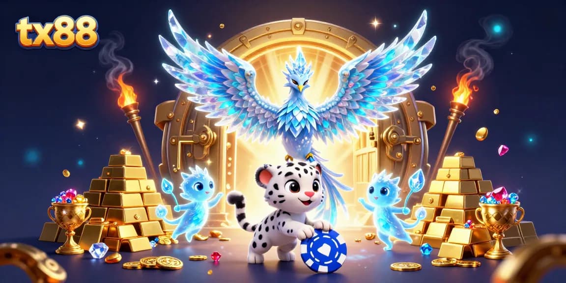 Experience the excitement of tx88 with a vibrant 3D casino scene filled with treasures and playful characters.