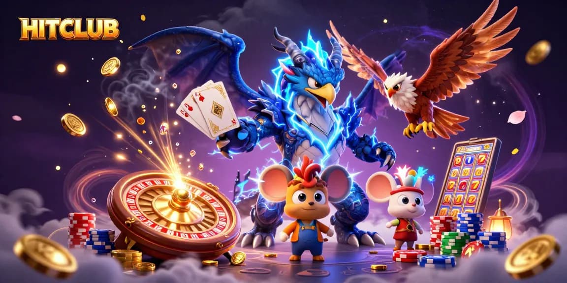 HITCLUB showcases vibrant gaming excitement with dynamic characters and casino elements.
