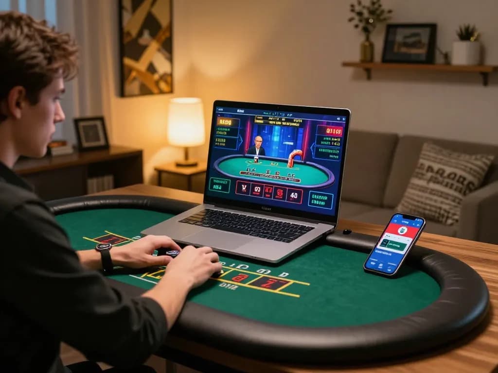 Engaged user on keonhacai22 strategizing over online blackjack game in comfortable setting