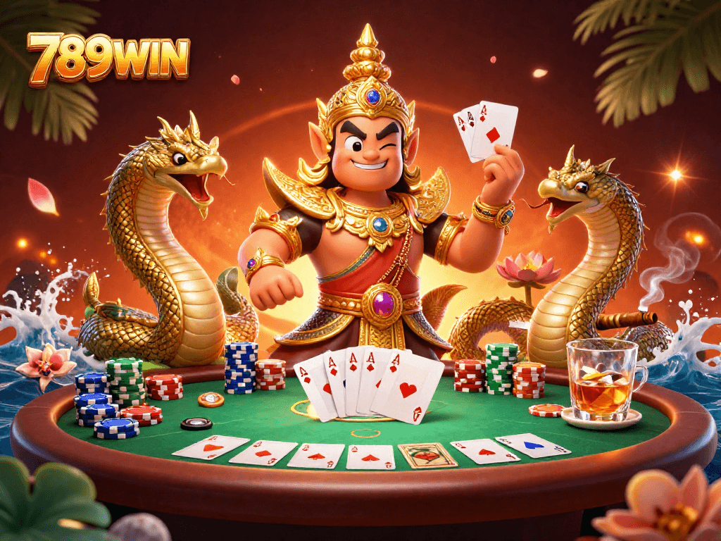 Engage in thrilling poker action at 789WIN with a vibrant scene featuring the guardian and Naga companions.
