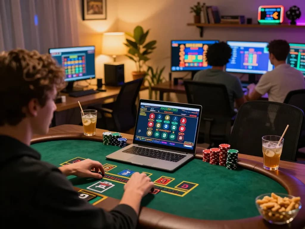 Engaging online blackjack gameplay on a laptop, highlighting fc88k excitement in a cozy home office.