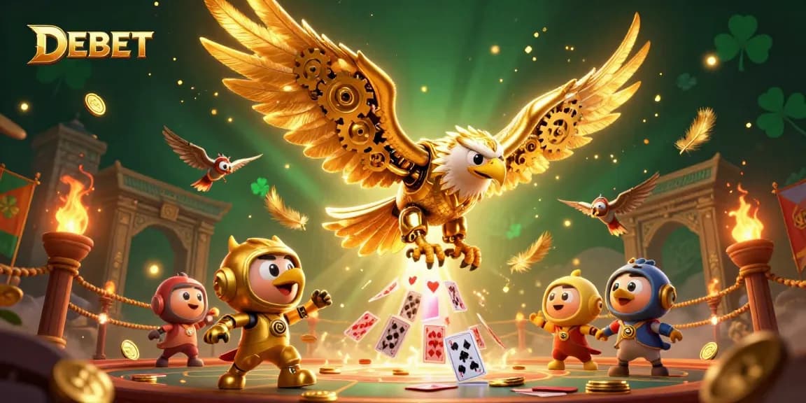 DEBET showcases epic betting action with a cybernetic golden eagle soaring through holographic cards.