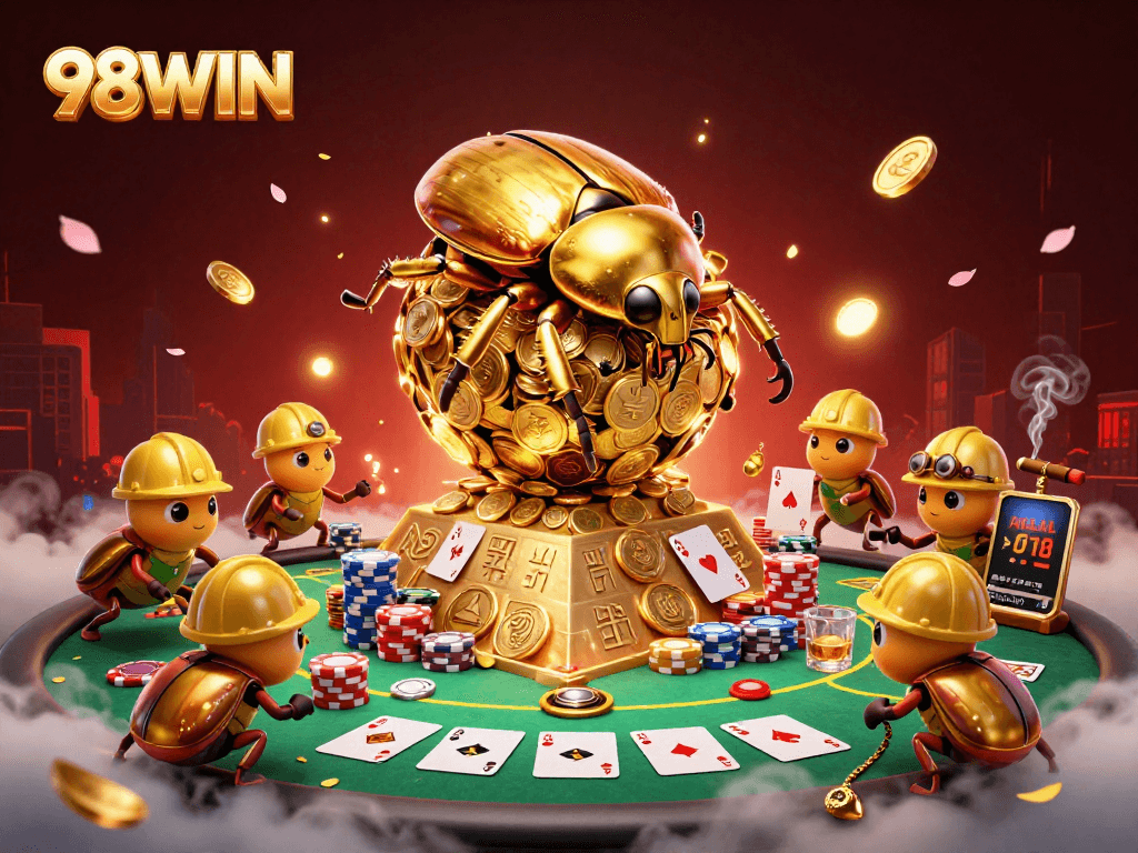 Engage in thrilling poker at 98WIN, where a golden beetle and coins thrive amidst casino excitement.