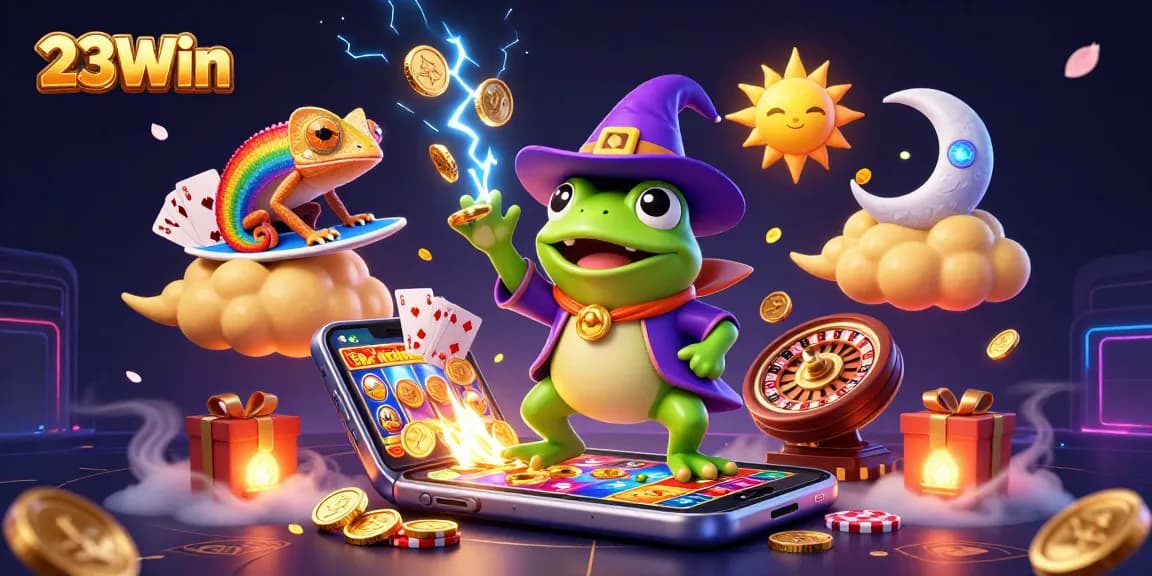 Experience thrilling wins with 23Win's lively 3D casino scene filled with golden coins and gaming elements.