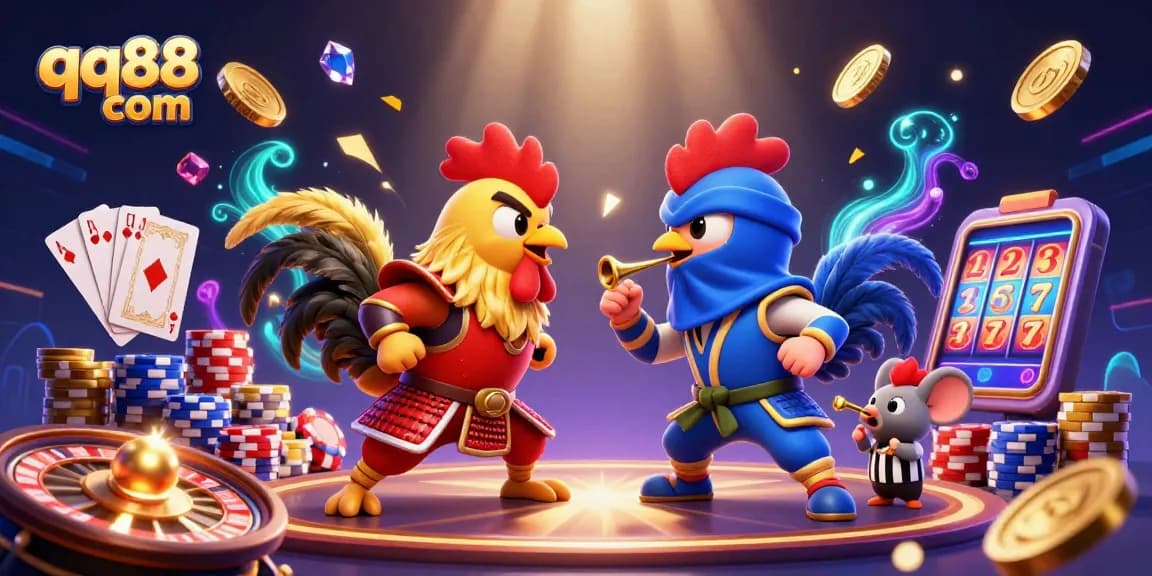 Join the thrilling action at qq88 com, where fighting roosters duel amidst a dazzling casino scene.