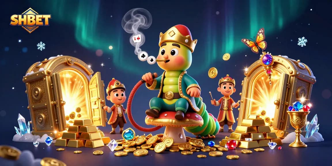 SHBET engages players with an exciting cinematic 3D casino illustration showcasing vibrant gambling elements and a unique caterpillar character.