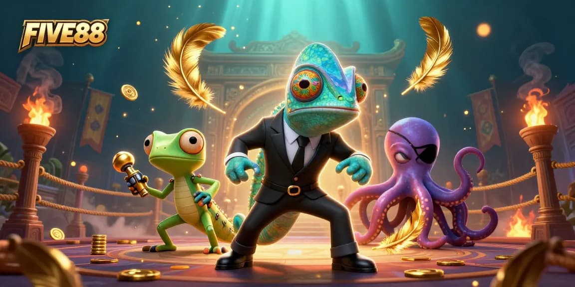 Experience the thrilling atmosphere of FIVE88 with a dynamic 3D casino scene featuring vibrant characters and gaming elements.