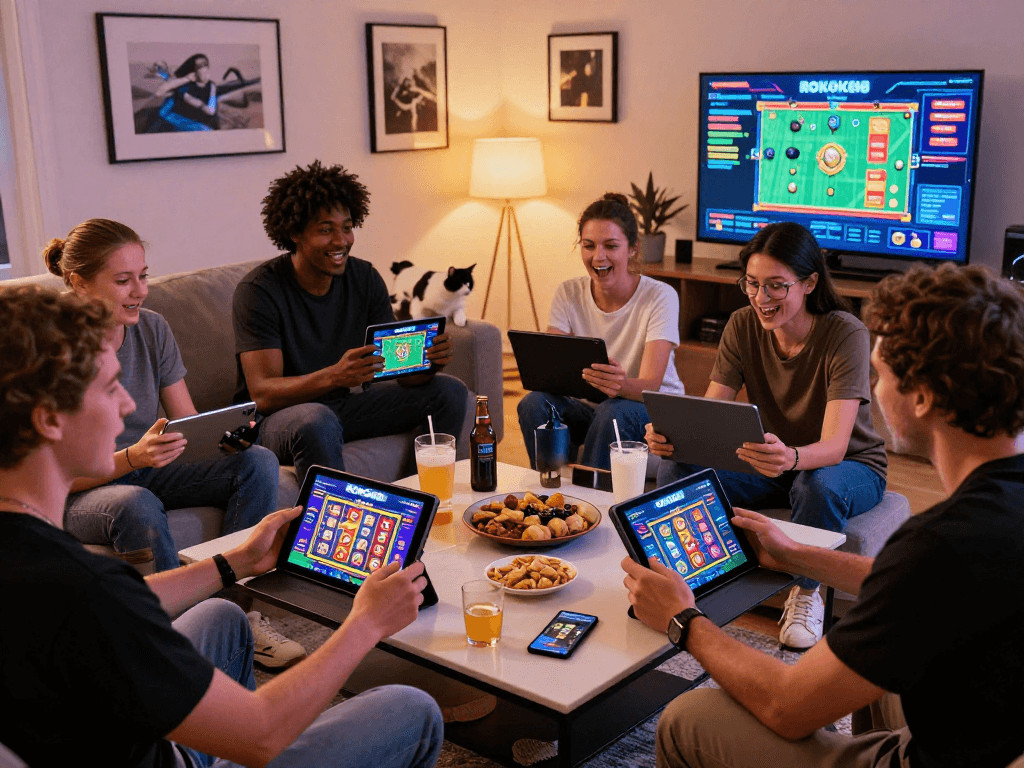 Group enjoying ROKOK88 gaming experience in cozy living room.