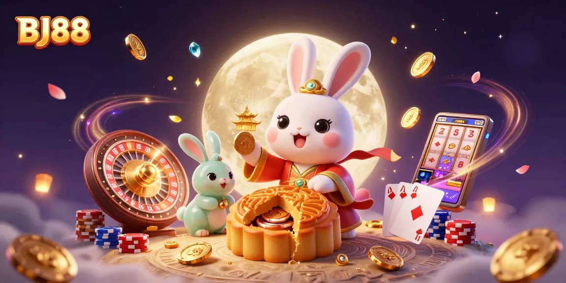 Engage with the vibrant BJ88 scene featuring a moon rabbit and cascading casino elements in a dynamic illustration.
