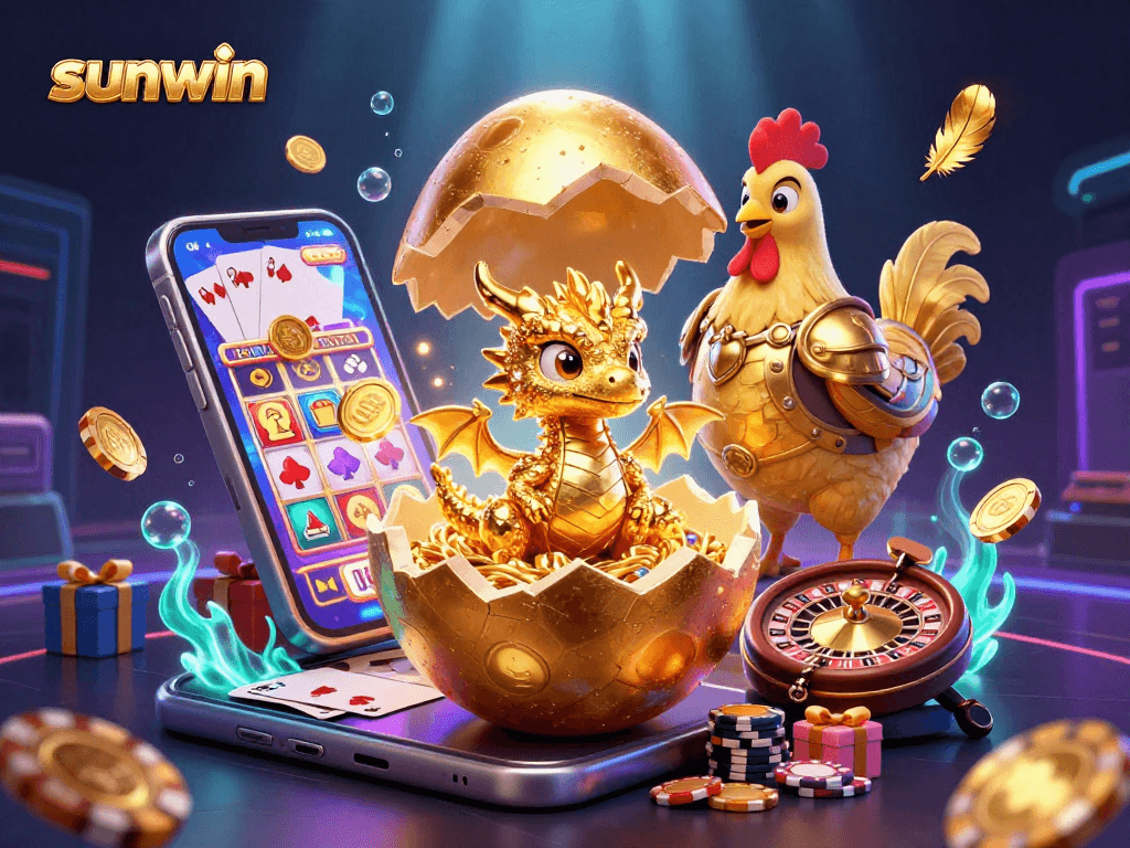 Win big with sunwin in this vibrant 3D casino scene featuring poker chips and games.
