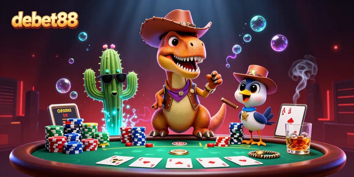 Experience debet88 with interactive poker elements and vibrant characters in a fun casino scene.