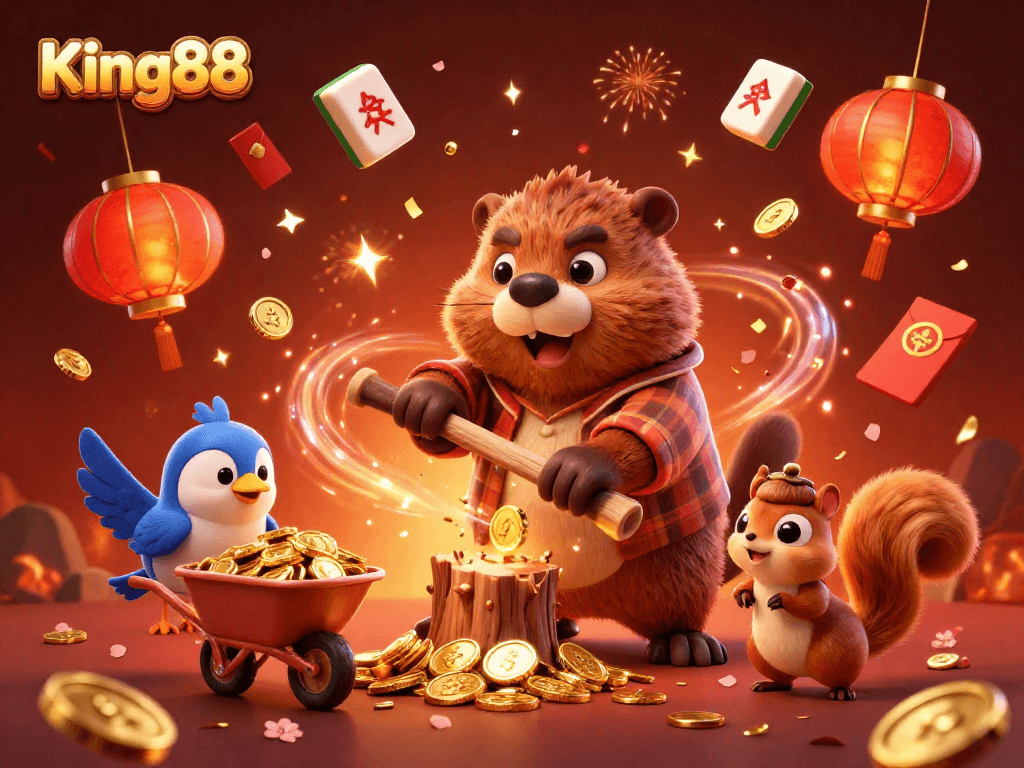 Experience the thrill of King88 with a vibrant 3D scene featuring animated characters collecting coins and treasures.