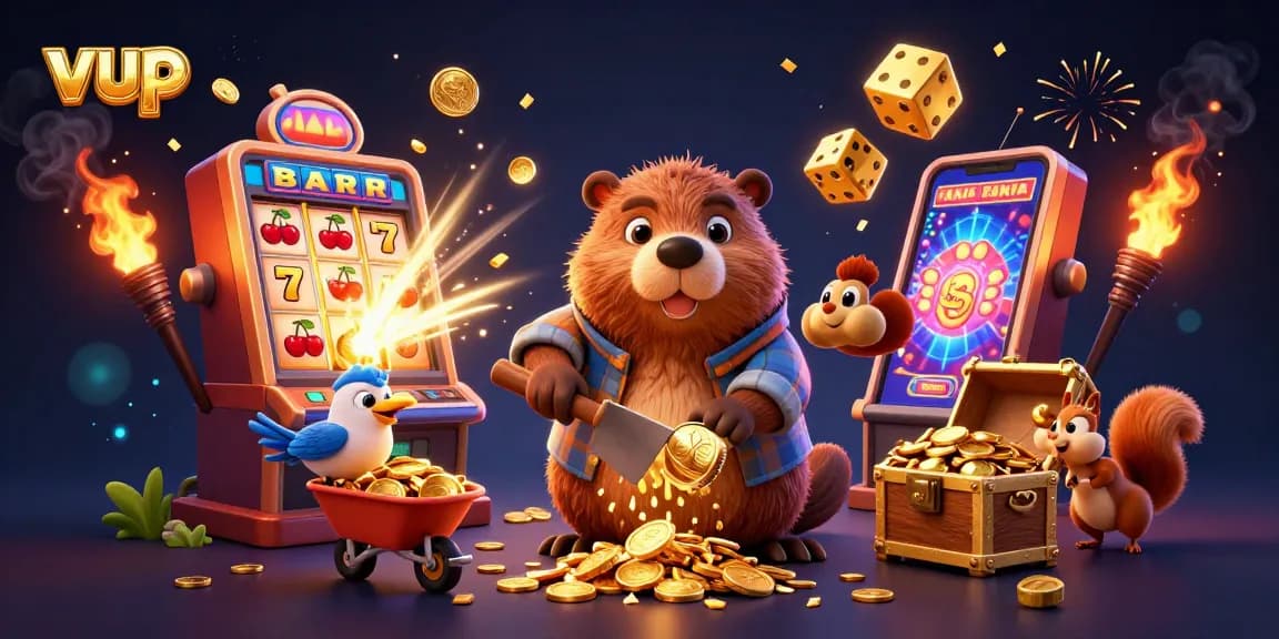 Engage with the thrilling casino world of vup as a beaver collects golden coins amidst dynamic slot machine elements.