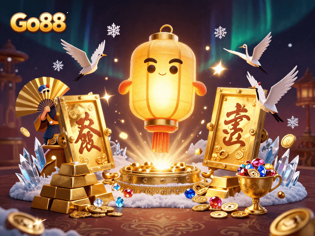 Experience the excitement of Go88 with vibrant characters and casino treasures in an enchanting scene.