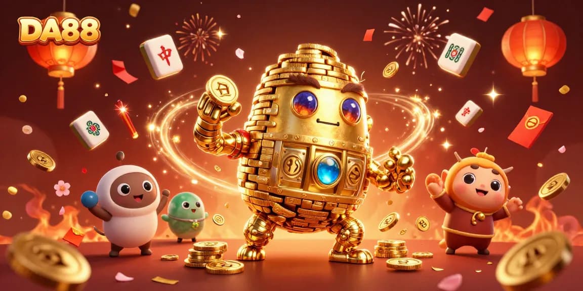 Engage with DA88's vibrant online gaming world featuring dynamic slot symbols and festive elements.