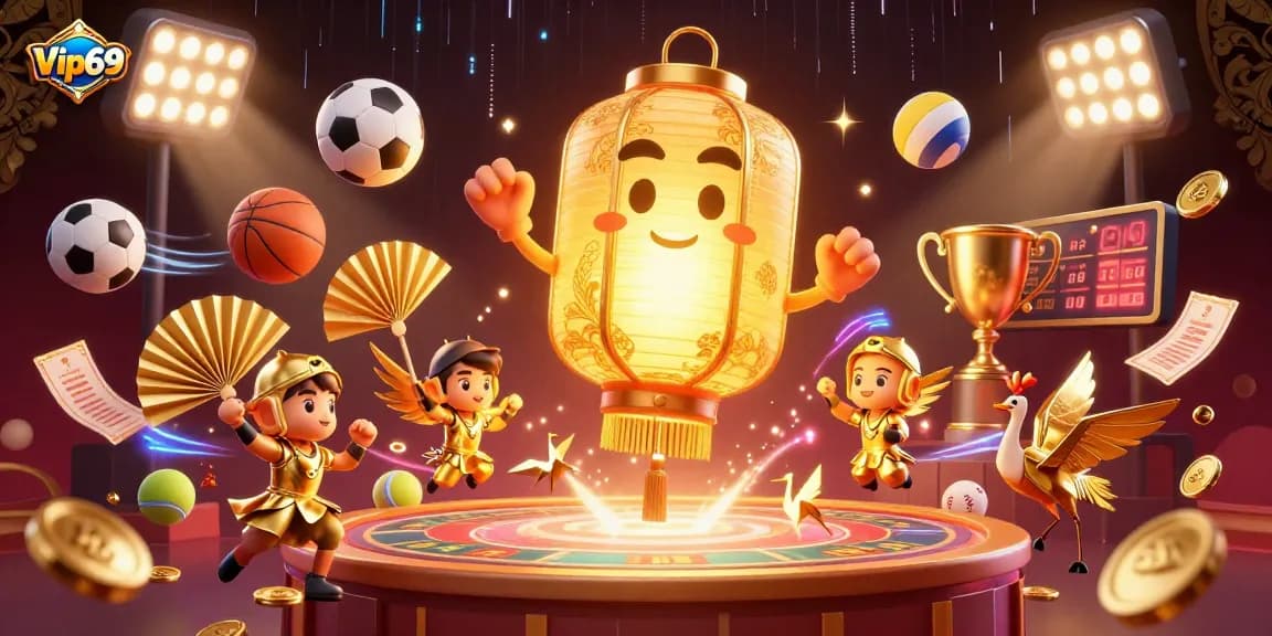 Experience thrilling sports betting with Vip69 at a dynamic casino scene filled with vibrant characters and golden elements.