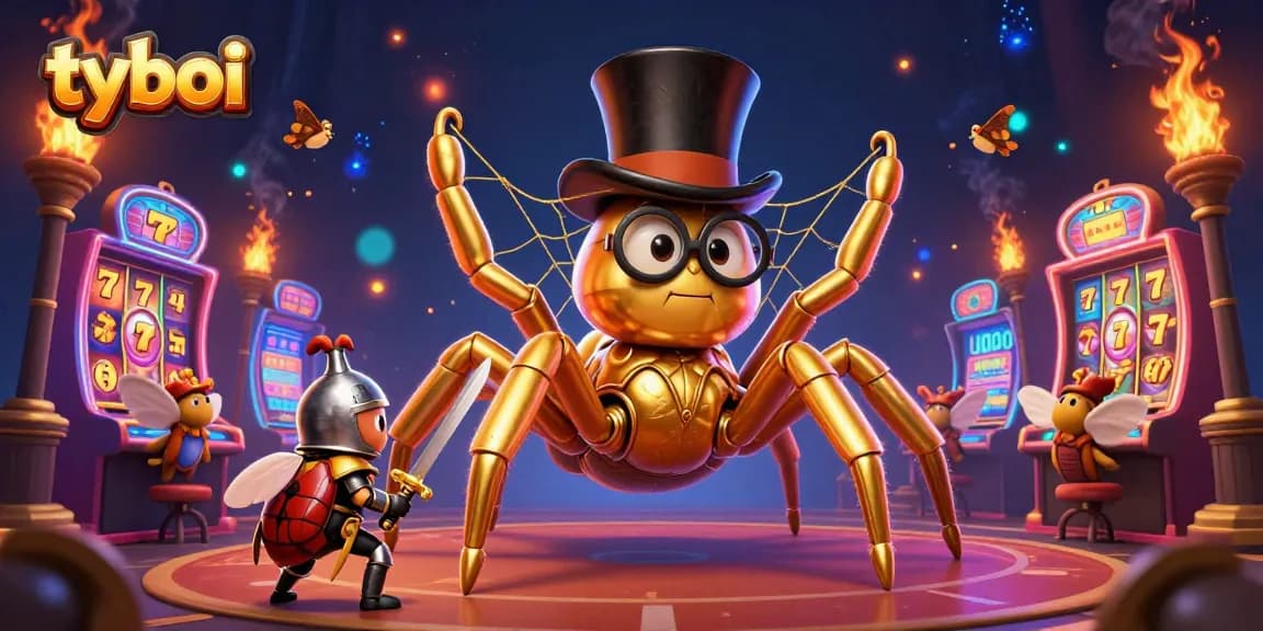 Engage with tyboi's dynamic casino gaming scene featuring a golden tarantula weaving a jackpot web.